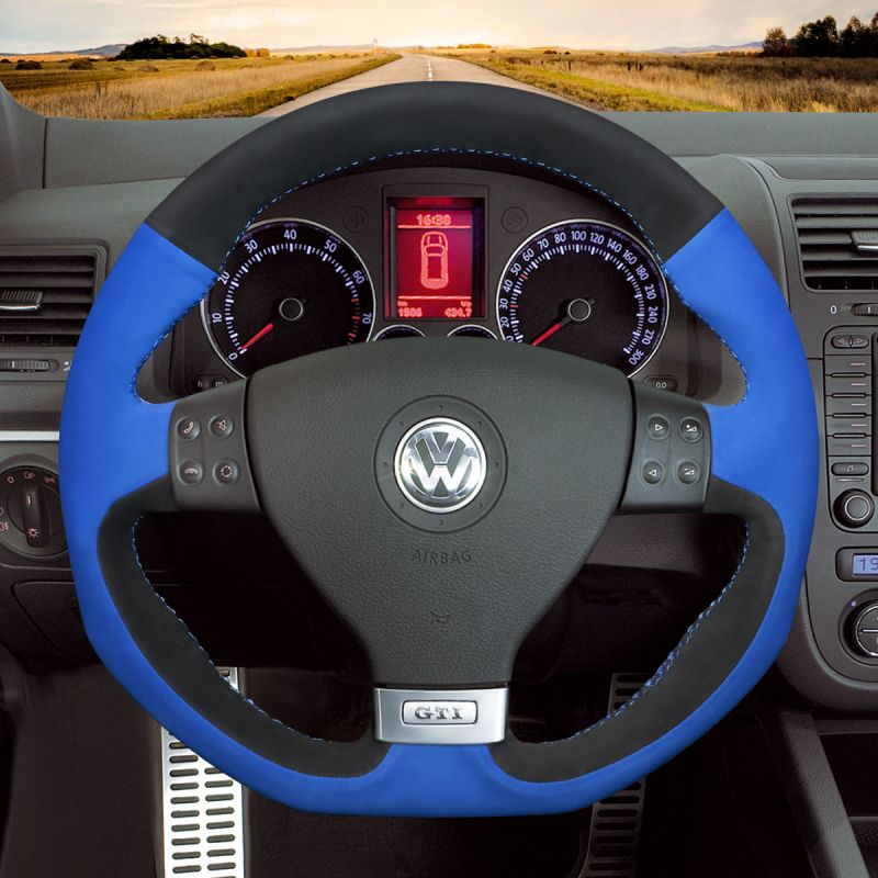 Loncky Auto Custom Fit OEM Black Blue Suede Leather Car Steering Wheel Cover for Volkswagen VW